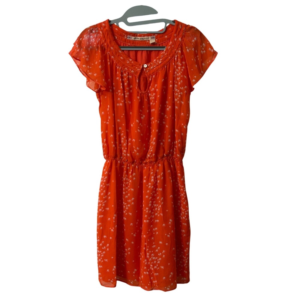 Chelsea & Violet Bird Print‎ Dress Keyhole Neck Flutter Sleeve Orange S
